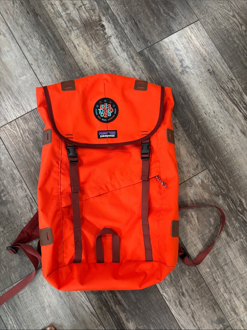 Patagonia Bright Orange Men's Hiking Backpack with Maroon Accents